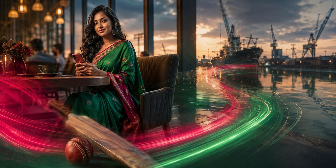 খুলনায় লাল-সবুজ পতাকার সামনে মোবাইলে ক্রিকেট বেটিং দেখছেন একজন সমর্থক